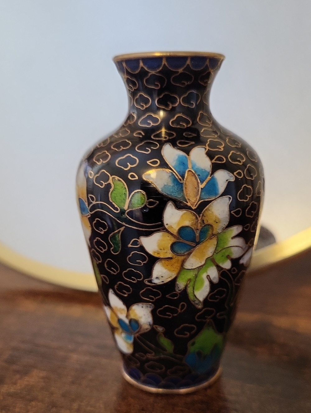 Vintage Chinese Cloisonné Miniature Floral Accent Vase Black Multicolor 3"